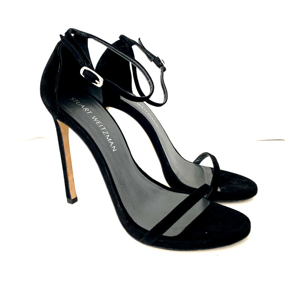 Stuart Weitzman Nudist Nudistsong Black Suede Sandal Open Toe Slim Heel 8.5 - Picture 2 of 15